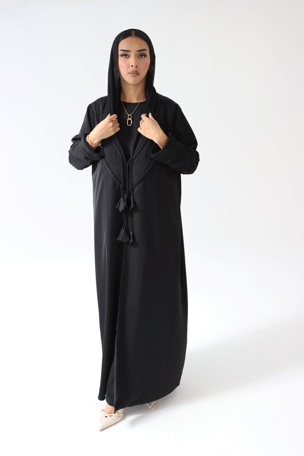 Braided 3 Piece Abaya Set (Mocha & Black)