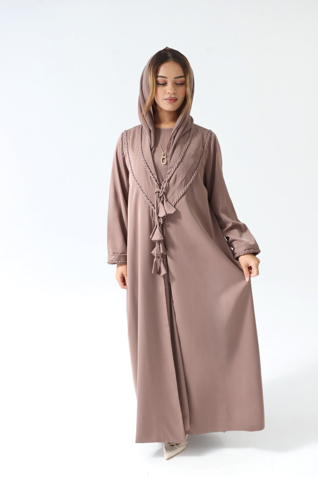 Braided 3 Piece Abaya Set (Mocha & Black)