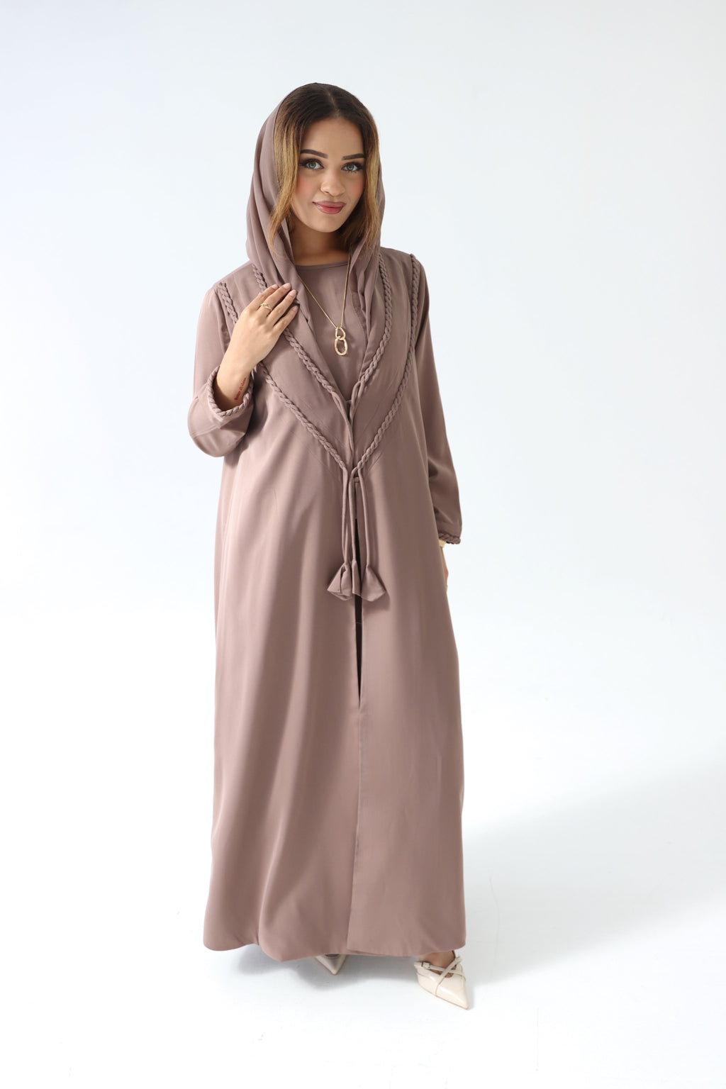 Braided 3 Piece Abaya Set (Mocha & Black)