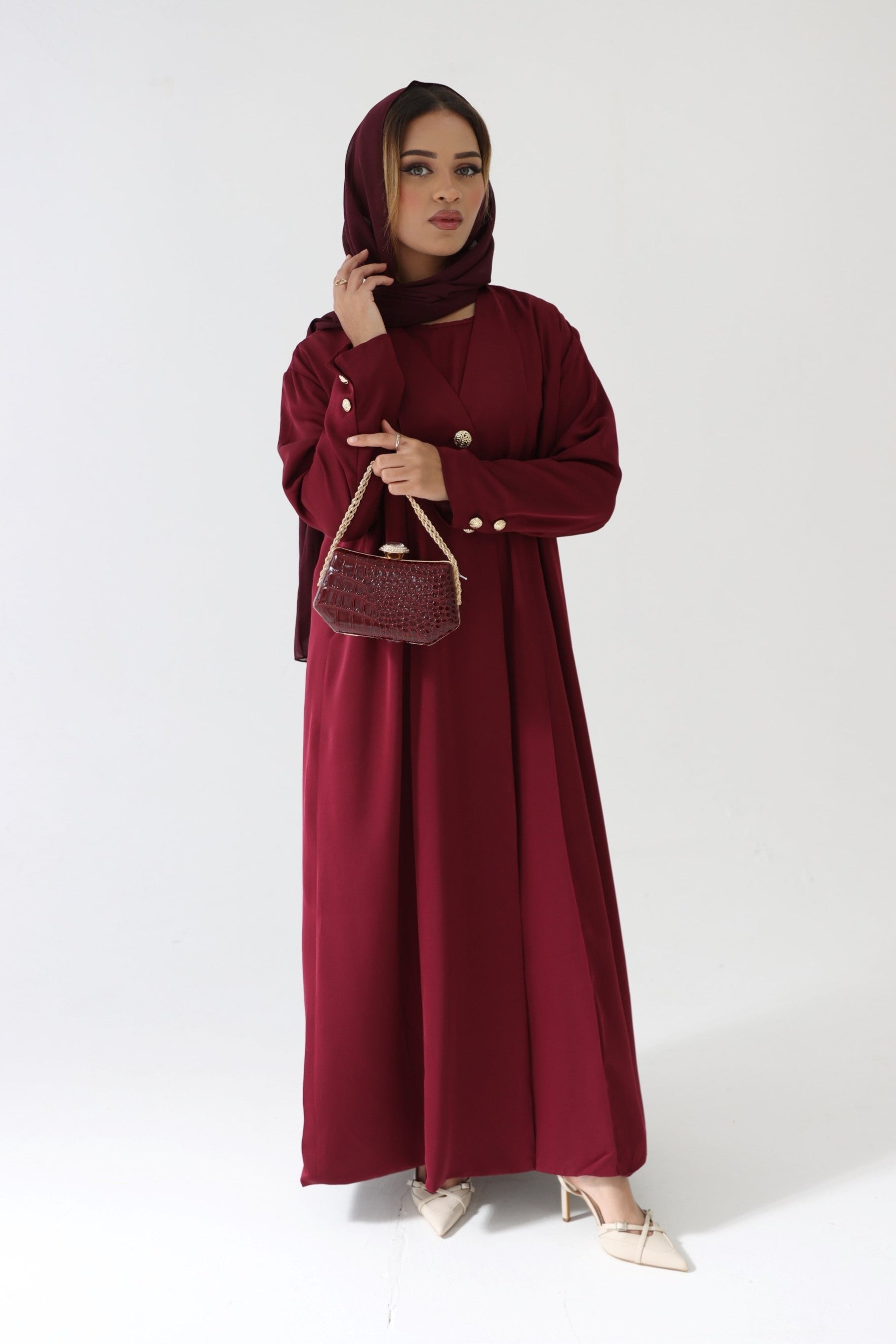 Luxury Maroon 3 Piece Abaya Set