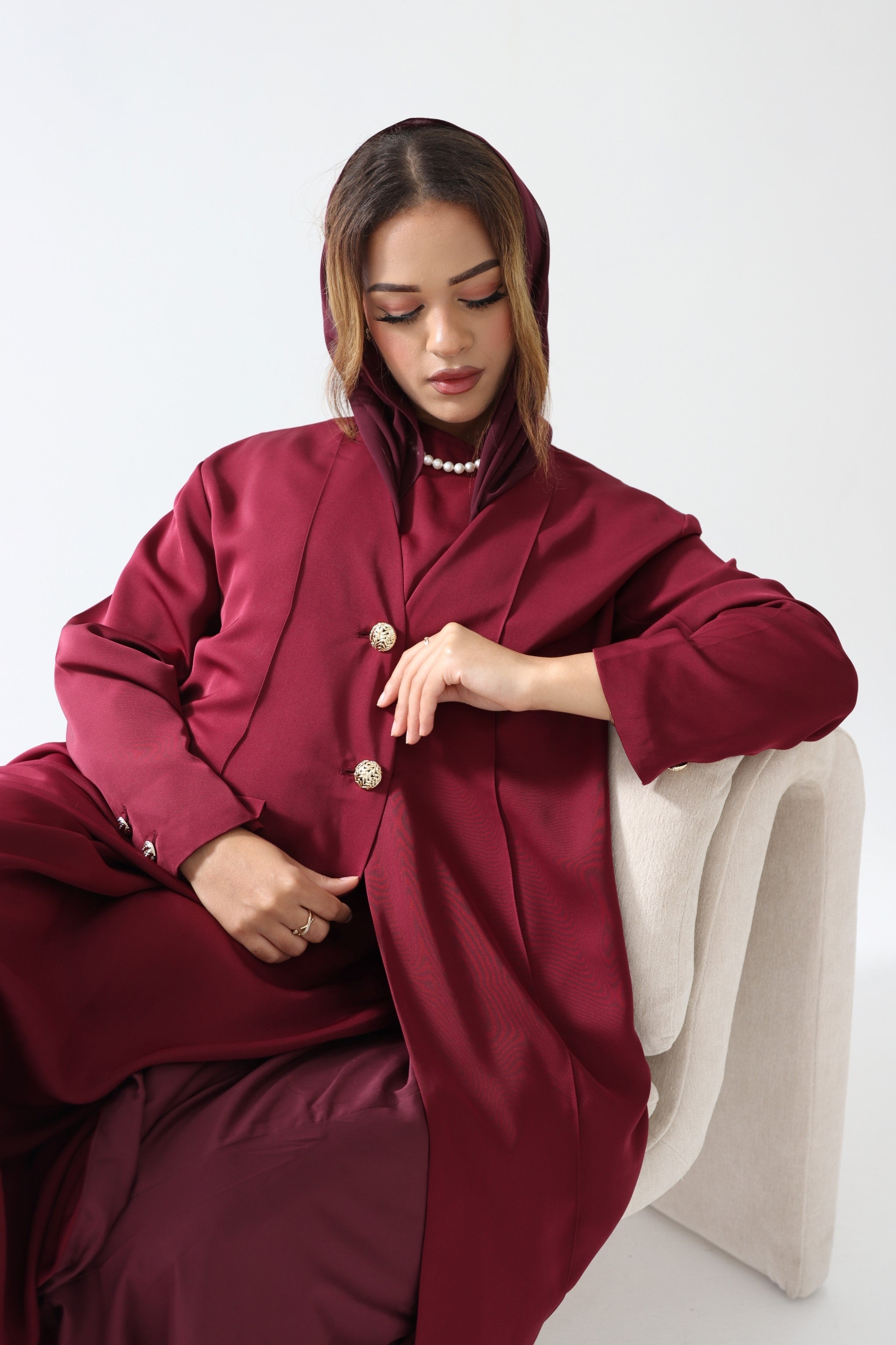 Luxury Maroon 3 Piece Abaya Set
